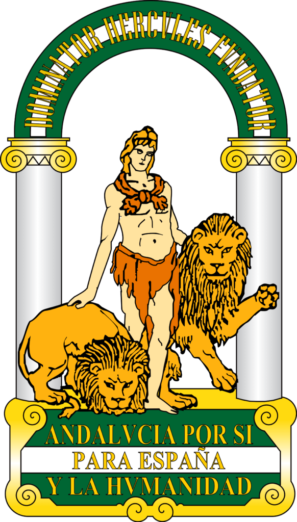 El escudo de Andalucía está compuesto por la figura de Hércules sujetando dos leones.